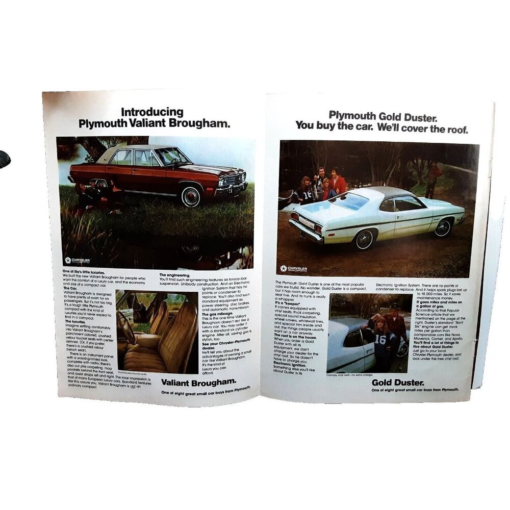 1974 Plymouth Valiant Gold Duster and Scamp 3 Page Original Print Ad 70s